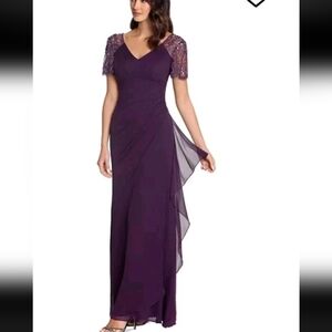 Xscape Elegant Purple Maxi Dress with Beaded Sleeves